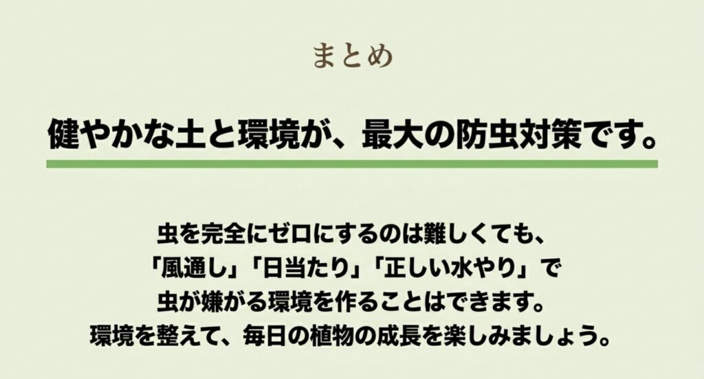 健やかな土と環境が最大の防虫対策。 風通し、日当たり、正しい水やりで虫が嫌がる環境を作ることが大切です。