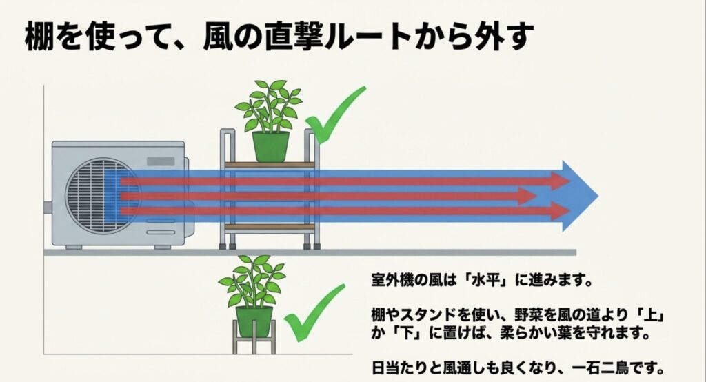 棚やスタンドを使ってプランターを風の道より上か下に置く対策方法