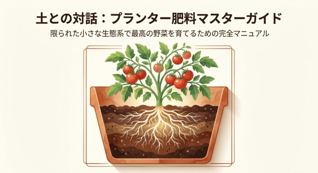 畑とプランターの比較図。プランターは水やりによって窒素やカリウムが底から流れ出やすいことを説明するスライド。