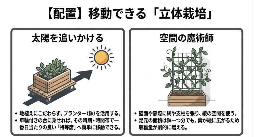 移動できる立体栽培：車輪付きの台を使ったプランター栽培と、壁面や窓際を活用した空間の有効活用