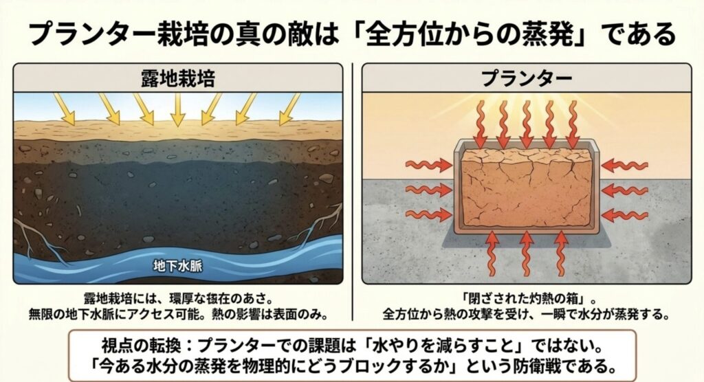 無限の地下水脈がある露地栽培と、全方位から熱を受け水分が蒸発するプランター環境の比較図。