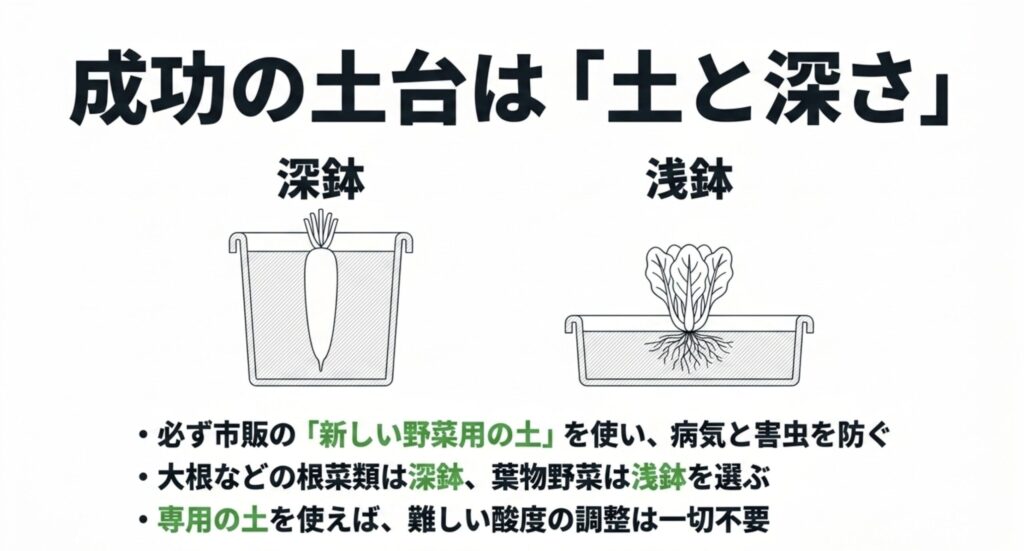 育てる野菜に合わせた深鉢・浅鉢の選び方と、病害虫を防ぐための市販の新しい専用土の必要性