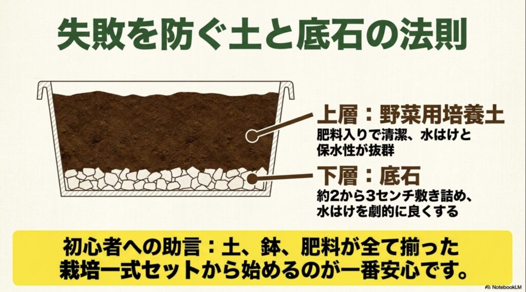 失敗を防ぐ土と底石の法則。上層に野菜用培養土、下層に約2〜3cmの底石を敷き詰めるプランターの断面図と解説。