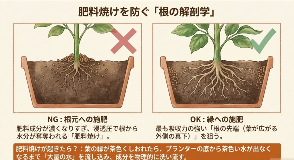 根元への施肥（NG）と縁への施肥（OK）を比較したイラスト。肥料焼けの対処法として大量の水洗いを推奨する解説。