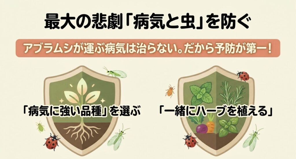 アブラムシが運ぶ病気の予防として、病気に強い品種選びとコンパニオンプランツ(ハーブ)を推奨する図解
