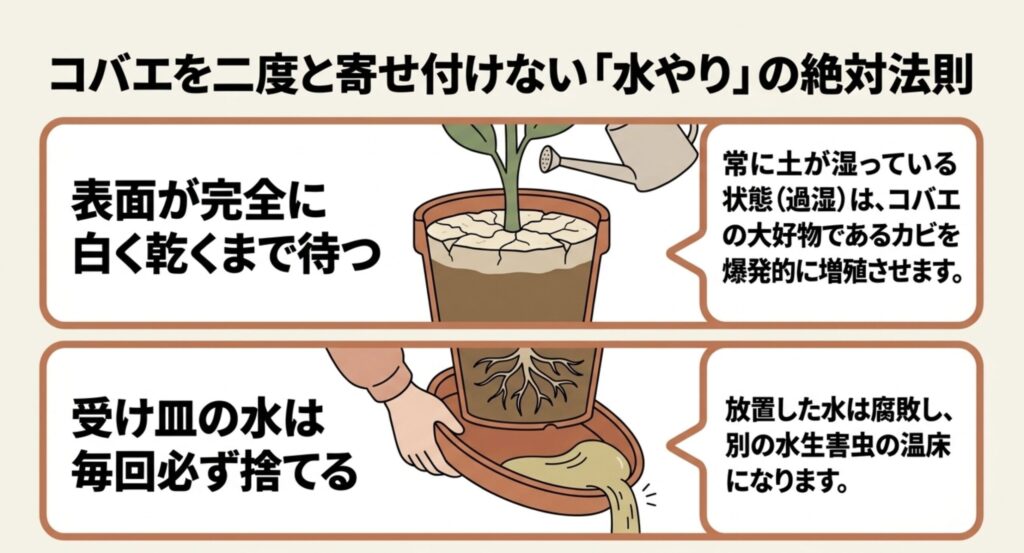 表面が完全に乾くまで待ち、受け皿の水は毎回必ず捨てるという水やりの絶対法則