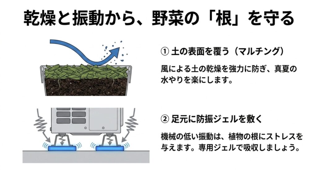土の乾燥を防ぐマルチングと、機械の振動から根を守る防振ジェルの効果