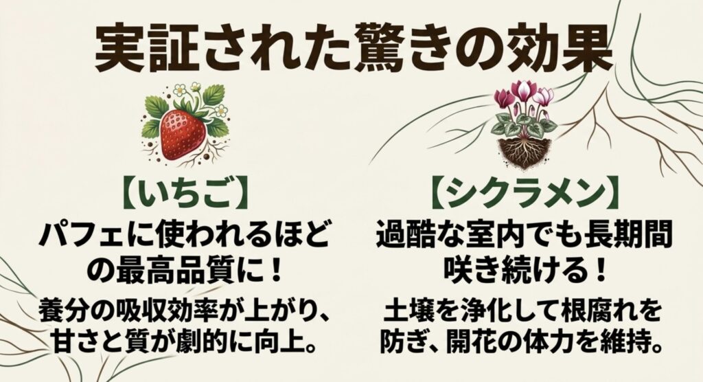 パフェに使われるほどの最高品質になるいちごや、過酷な室内でも長期間咲き続けるシクラメンの実証効果