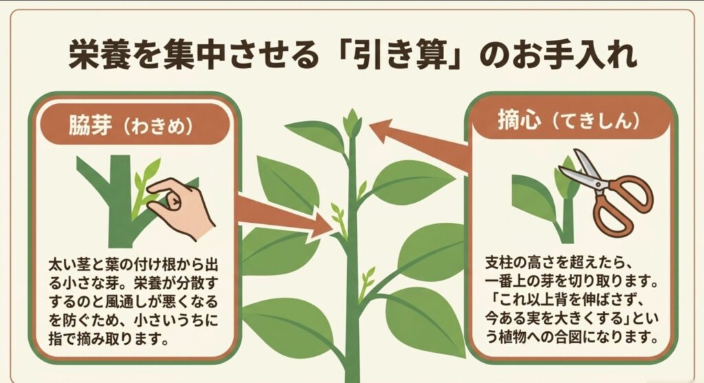 実に栄養を集中させるためのお手入れである、脇芽かきと摘心の方法