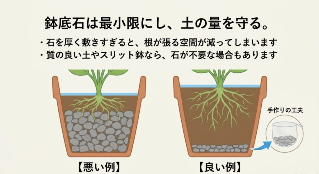 鉢底石を厚く敷きすぎず最小限にとどめ、根が張る土の量を守ることの重要性