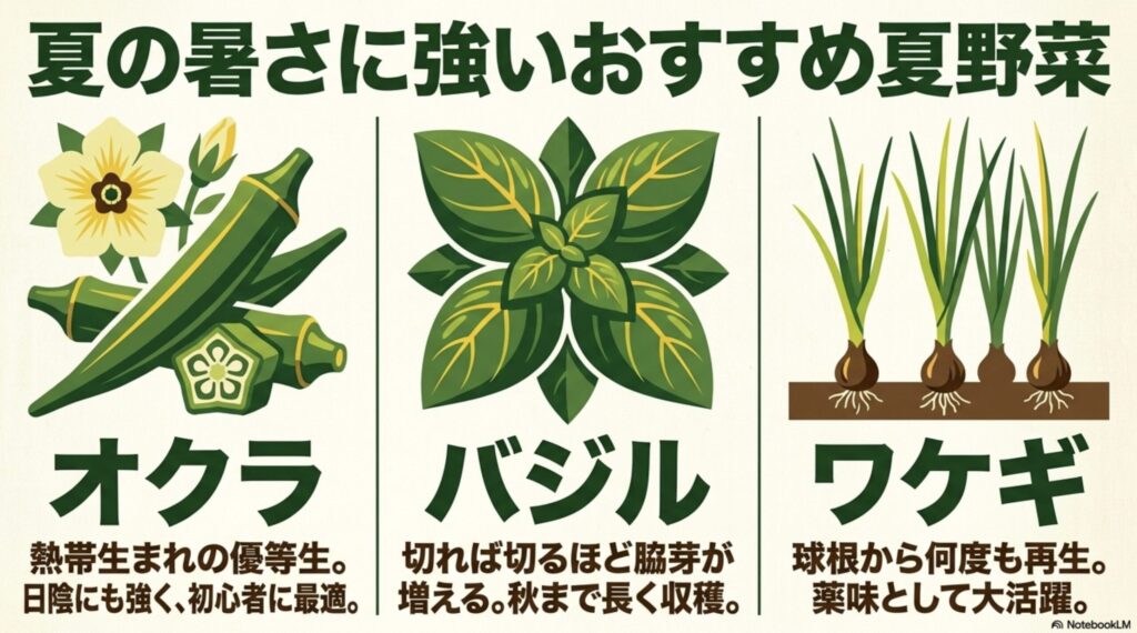 夏の暑さに強いおすすめ夏野菜のイラスト。オクラ、バジル、ワケギの特徴と魅力。