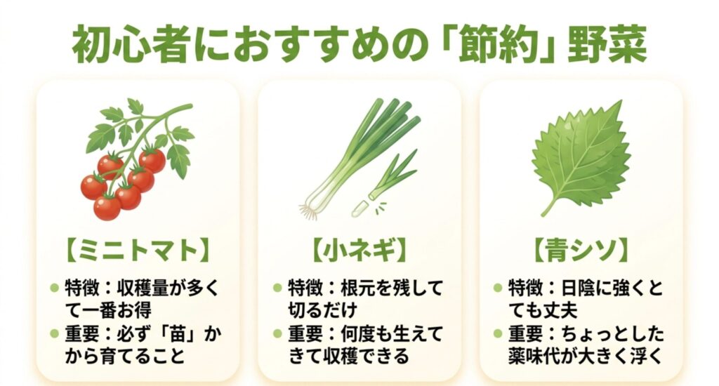 ミニトマト、小ネギ、青シソなど、ベランダ菜園初心者におすすめの節約野菜とその特徴をまとめたスライド