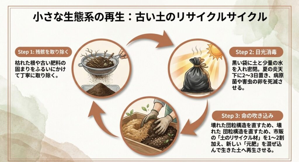 残骸の除去、日光消毒、リサイクル材と元肥の投入という、古い土を再利用するプロセスを解説したサイクル図。