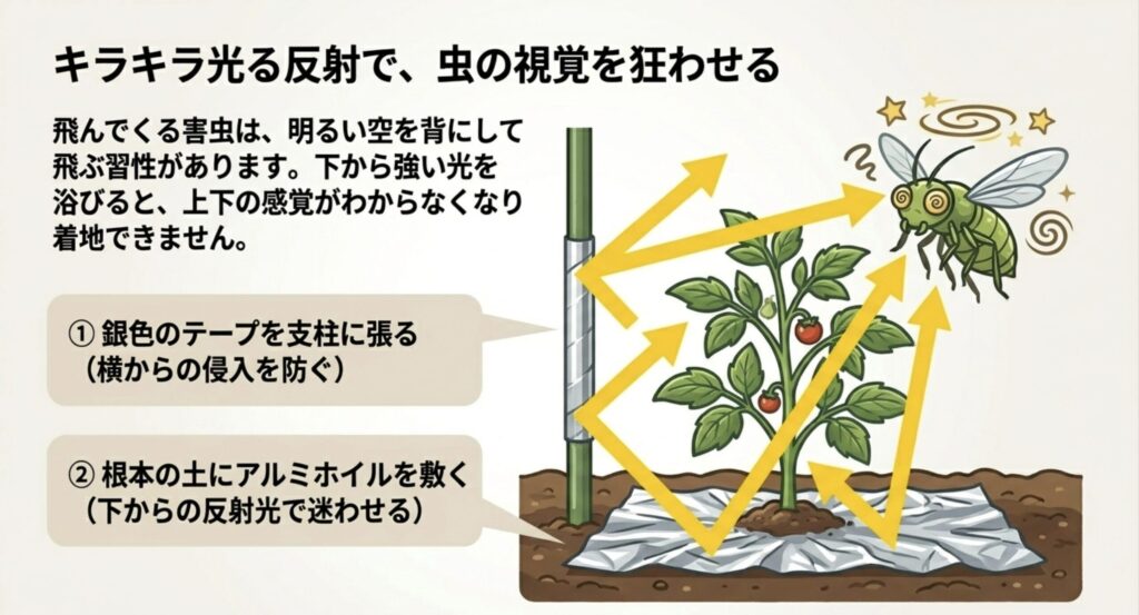 銀色のテープやアルミホイルのキラキラ光る反射で、虫の視覚を狂わせる対策のイラスト