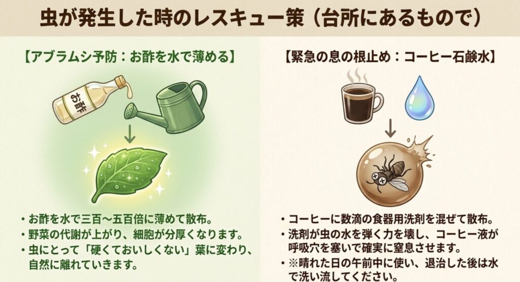 虫が発生した時のレスキュー策として、お酢を水で薄めるアブラムシ予防と、コーヒー石鹸水による緊急対処法のイラスト