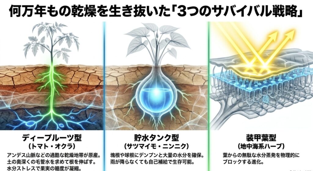 植え付け直後の根毛が土に密着していない状態と、活着して水分を吸い上げる状態を比較した図解。
