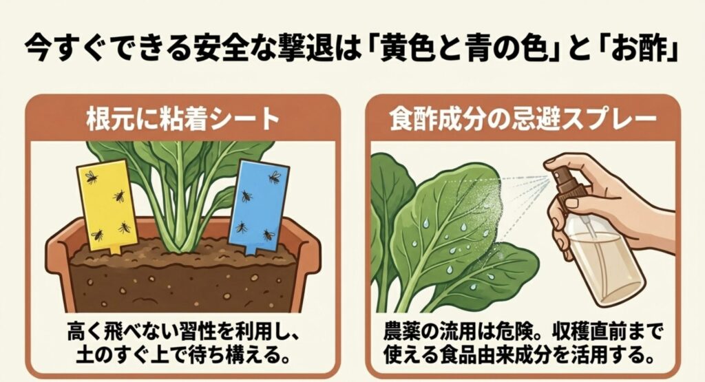 黄色や青色の粘着シートと食酢成分の忌避スプレーを使った安全な撃退方法