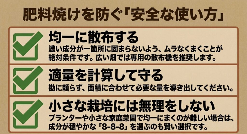 肥料焼けを防ぐための安全な使い方(均一な散布・適量の計算・無理をしない選択など)