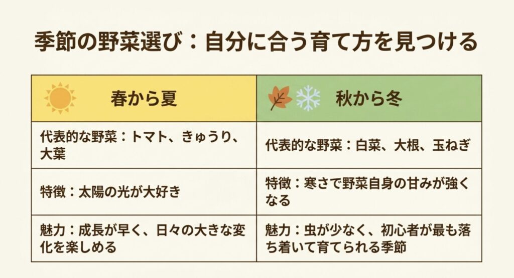 季節の野菜選び。春夏はトマトや大葉などの夏野菜、秋冬は白菜や大根など寒さで甘みが増す野菜がおすすめ