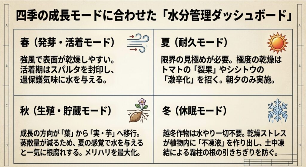 春の発芽・活着モード、夏の耐久モード、秋の生殖・貯蔵モード、冬の休眠モードにおける水分管理のポイントをまとめた表。