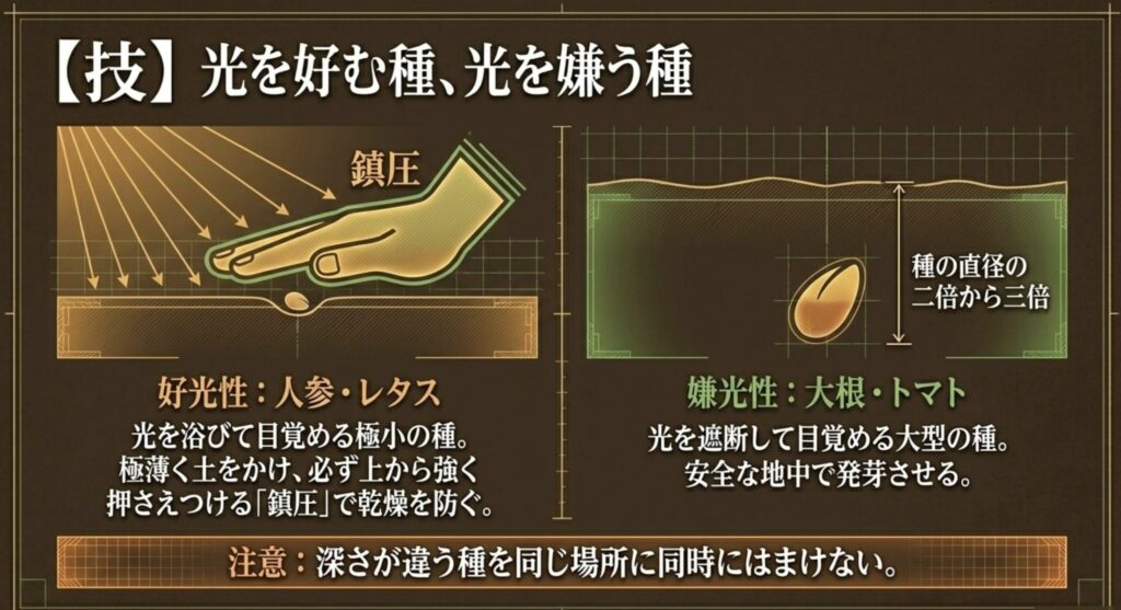 好光性種子（人参・レタスなど）と嫌光性種子（大根・トマトなど）の鎮圧と覆土の深さを解説したスライド