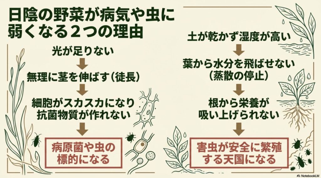 日陰の野菜が病気や虫に弱くなる2つの理由。徒長による細胞のスカスカ化と、高湿度による蒸散の停止。