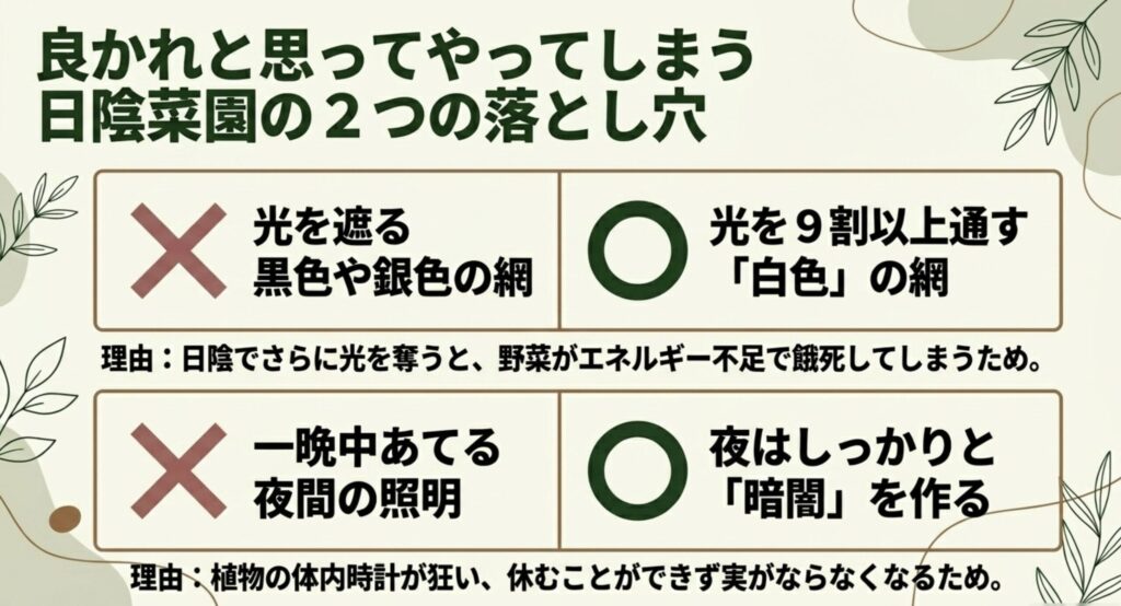 良かれと思ってやってしまう日陰菜園の2つの落とし穴。光を遮る黒色や銀色の網の誤用と、夜間照明の当てすぎに注意。