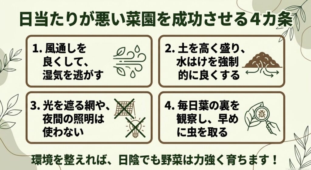 日当たりが悪い菜園を成功させる4カ条。風通しの改善、高畝づくり、適切な資材選び、早期の害虫駆除のまとめ。