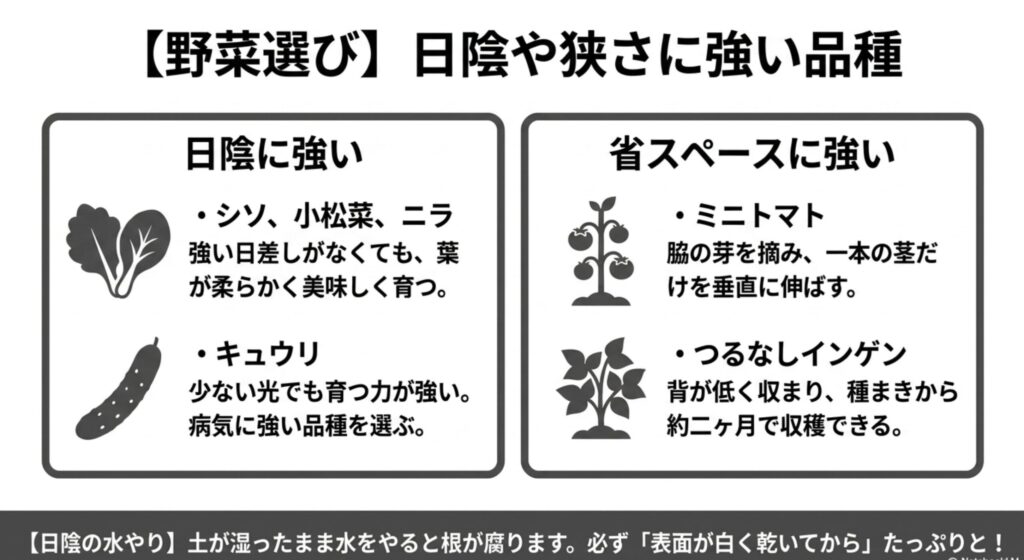 日陰や狭さに強い野菜選び：シソや小松菜などの日陰に強い品種と、ミニトマトやつるなしインゲンなどの省スペースに強い品種
