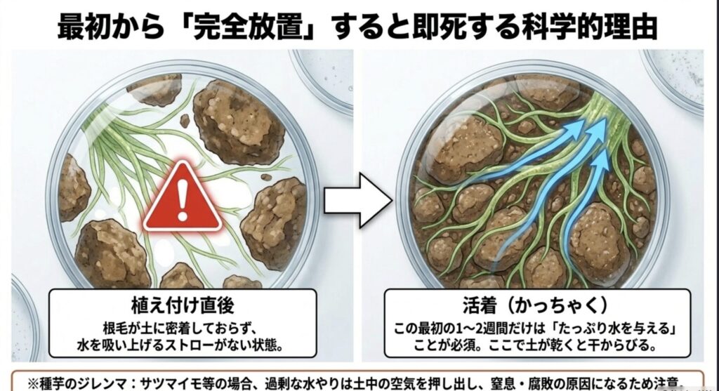 毎日水を与えられて表面に浅く根を張る植物と、水分を求めて地中深くへ根を伸ばす直根性の植物の比較イラスト。