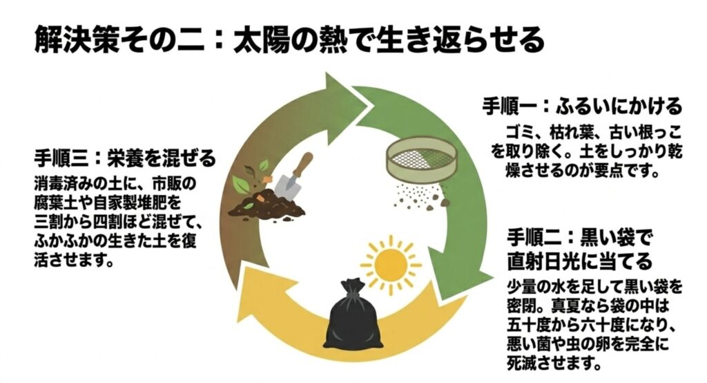 古い土をふるいにかけて消毒し栄養を混ぜて再生させる手順図