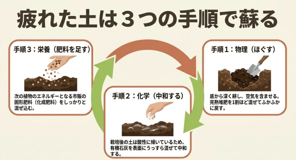 疲れたプランターの土を再生させるための、物理・化学・栄養の3つの手順