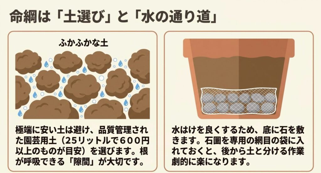 品質の良い園芸用土の選び方と、水はけを良くする鉢底石の敷き方