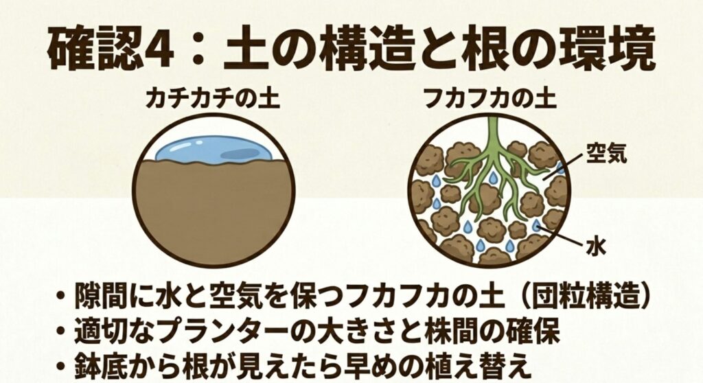 隙間に水と空気を保つ団粒構造の土の重要性や、プランターの根詰まりを防ぐ植え替えについて解説したスライド