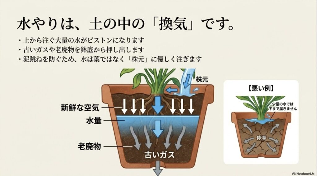 たっぷりの水がピストンとなり、古いガスを押し出し新鮮な空気を引き込む仕組み
