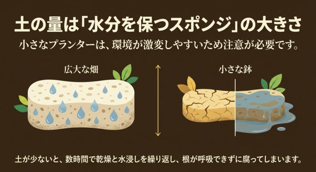 小さな鉢と広大な畑を比較し、土が少ないと数時間で乾燥と水浸しを繰り返すことを説明した図解