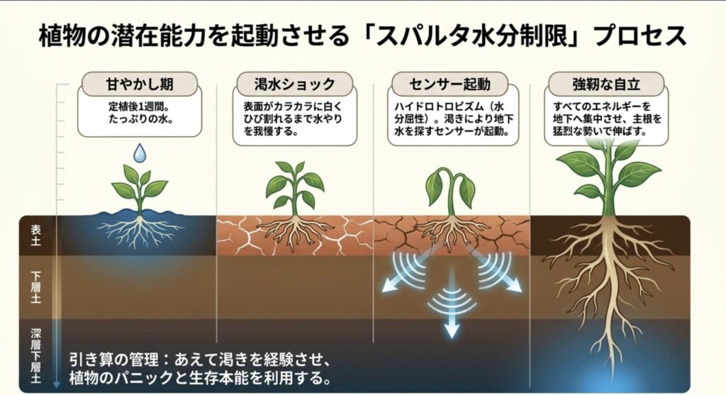 甘やかし期から渇水ショックを経て、センサーが起動し強靭な自立へと至る水やり制限の4ステップ図解。