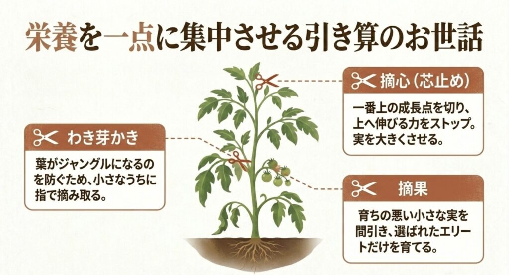 栄養を一点に集中させるミニトマトの引き算のお世話。わき芽かきでジャングル化を防ぎ、摘心で上へ伸びる力をストップ、摘果でエリートを育てる