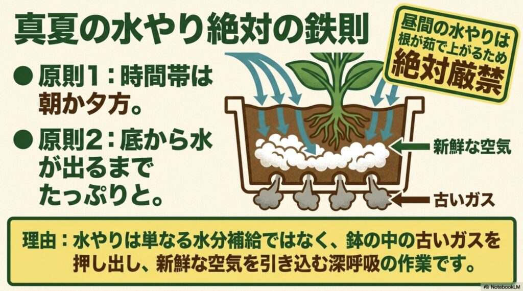 真夏の水やり絶対の鉄則。昼間の水やりは厳禁であり、朝か夕方に鉢底から水が出るまでたっぷり与えることで、土の中の古いガスを押し出し新鮮な空気を引き込む仕組みを図解。