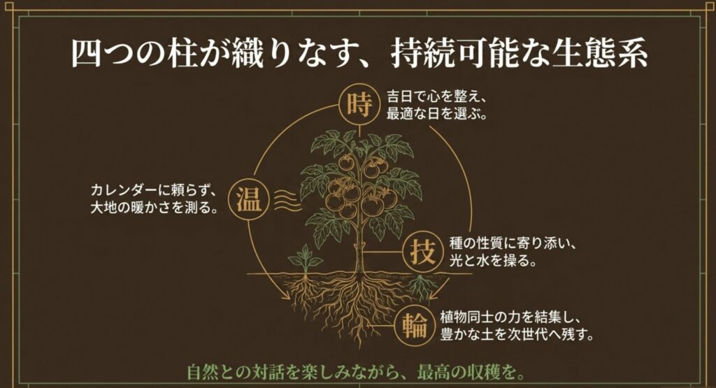 時、温、技、輪の四つの柱が織りなす持続可能な農業生態系のまとめスライド