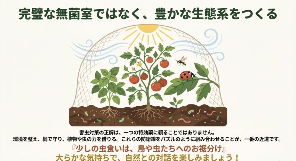 害虫対策のまとめとして、完璧な無菌室ではなく豊かな生態系をつくることの重要性を伝えるスライド。多重防御を組み合わせ、自然との対話を楽しみながら少しの虫食いは許容する大らかな考え方を提案しています。