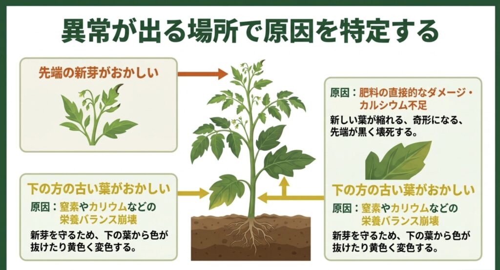 肥料のあげすぎによって葉にアミノ酸が蓄積し、それに誘われてアブラムシが大繁殖し、最終的にすす病やウイルス病を招いて光合成が停止するまでの悪循環を示したフローチャート画像。