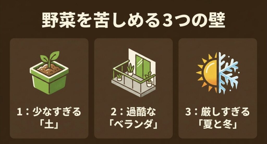 少なすぎる土、過酷なベランダ、厳しすぎる夏と冬という野菜栽培における3つの壁の解説