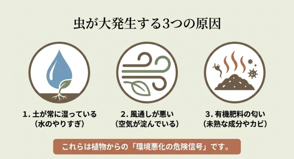 虫が大発生する3つの原因。 1. 土が常に湿っている、2. 風通しが悪い、3. 有機肥料の匂い。 これらは植物からの環境悪化の危険信号です。