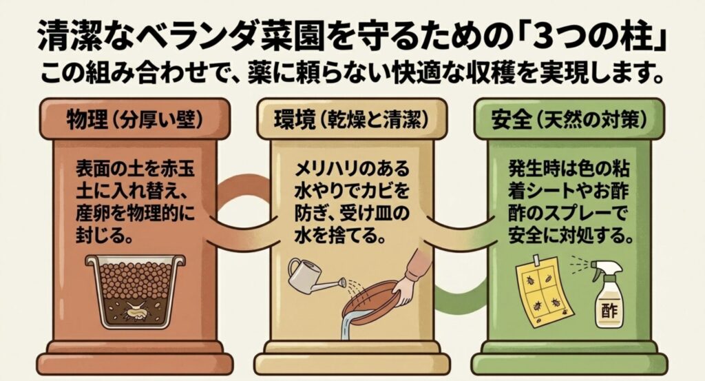 物理的な土の入れ替え、乾燥と清潔の環境づくり、天然成分の対策という3つの柱のまとめ