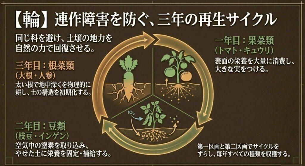 果菜類、豆類、根菜類を順番に育てることで連作障害を防ぐ3年サイクルの輪作モデル
