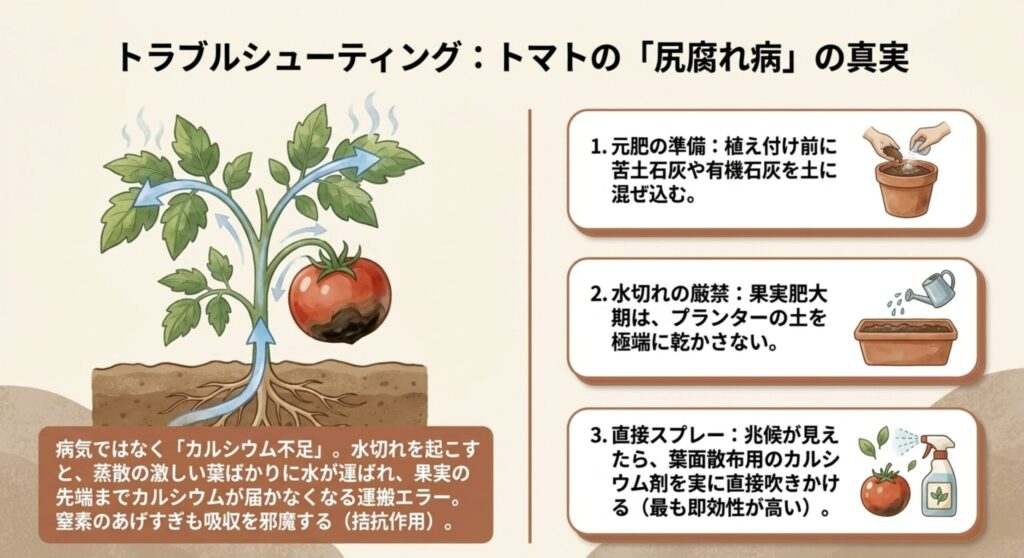 トマトの尻腐れがカルシウム不足による運搬エラーであることを示し、石灰の混入、水切れ防止、スプレーでの対処を説明したスライド。