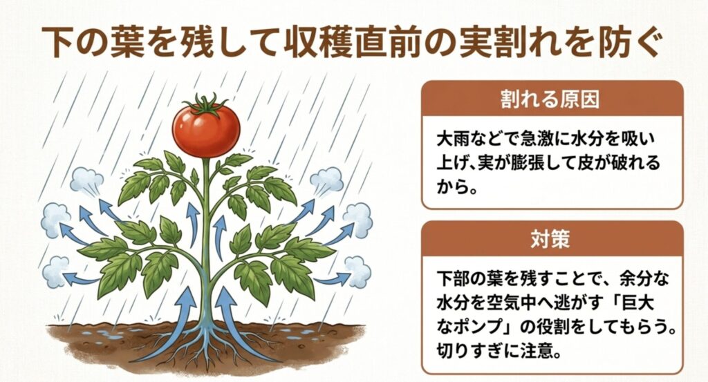 下の葉を残してミニトマトの収穫直前の実割れを防ぐ。大雨などで急激に水分を吸い上げ実が膨張するのを防ぐ対策