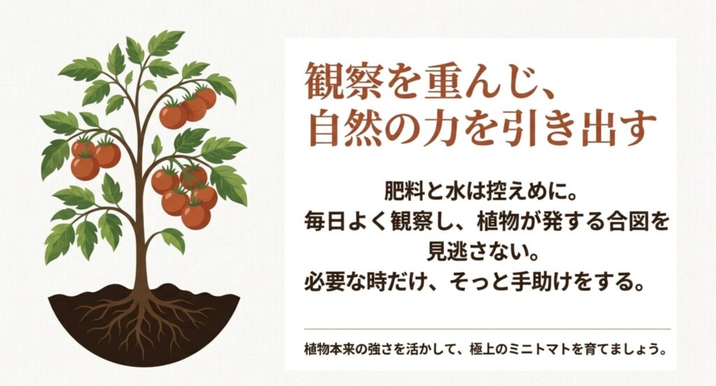観察を重んじ、自然の力を引き出すミニトマト栽培。肥料と水は控えめに、必要な時だけそっと手助けをする