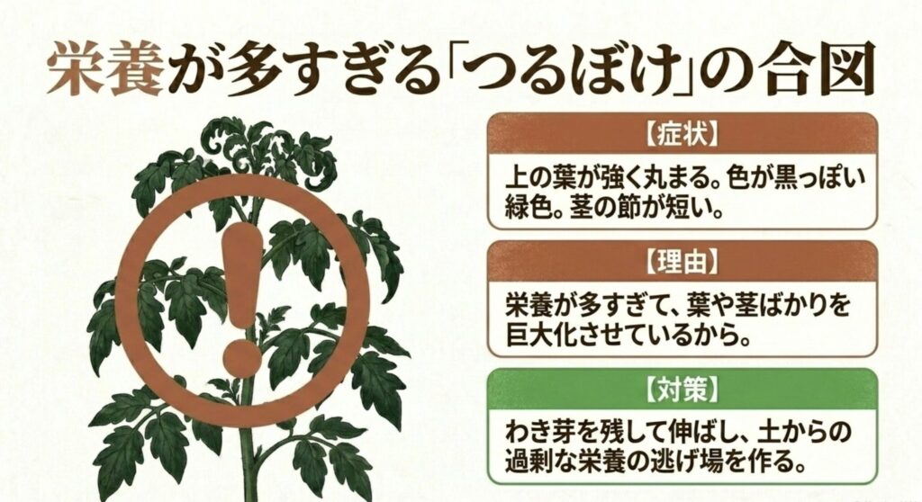 ミニトマトの栄養が多すぎる「つるぼけ」の合図。上の葉が強く丸まる、黒っぽい緑色になる、茎の節が短いなどの症状と理由